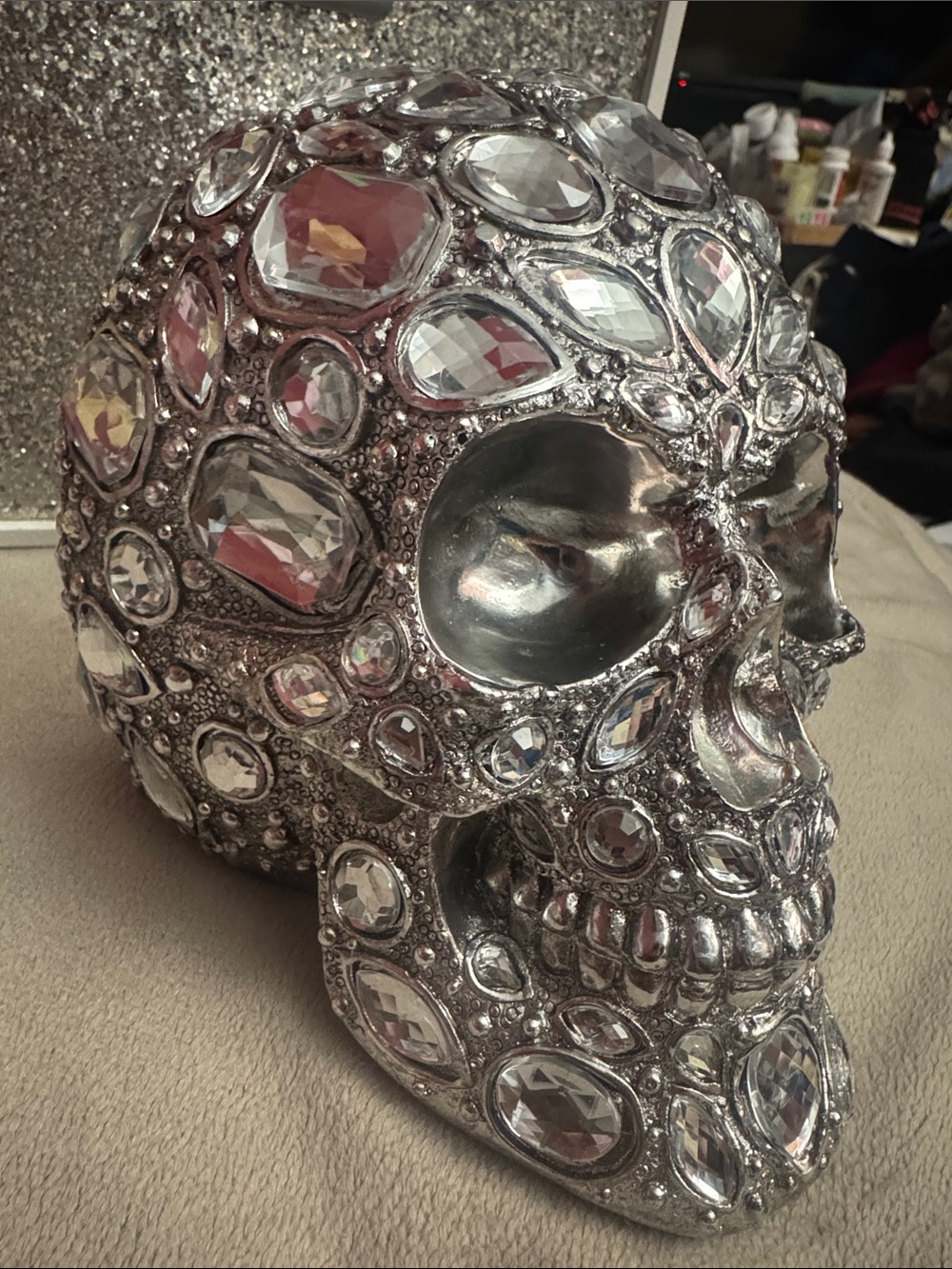 Crystal-Studded Silver Skull Accent Sculpture